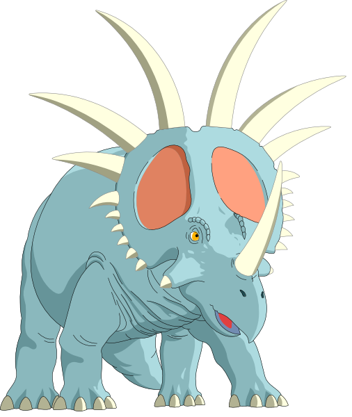 The image shows a cartoon of an anthropomorphic dinosaur with large spikes on its back standing upright against a plain background.