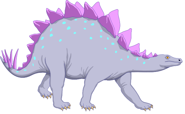 The image shows a cartoon of an anthropomorphic dinosaur with purple spikes on its back walking across what appears to be grassy terrain under clear skies.