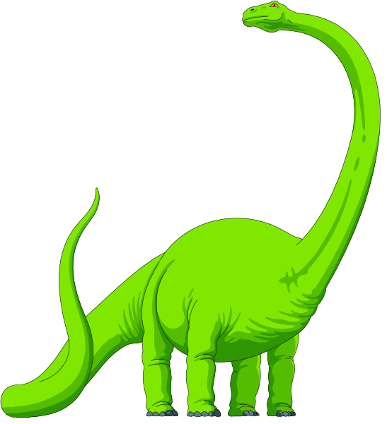 The image shows a cartoon of an adult green dinosaur standing upright on two legs with its arms outstretched in front of it against a black background.