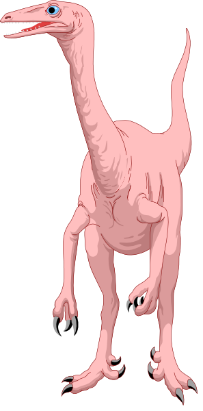 The image shows a pink dinosaur standing upright on two legs against a black background with sharp teeth visible at both ends of its mouth.