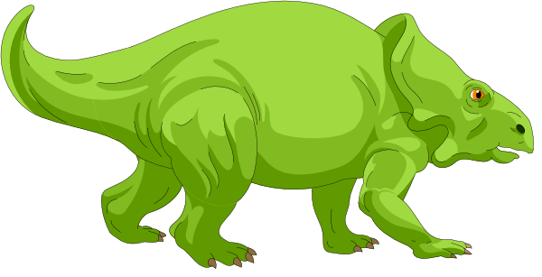 The image shows a green dinosaur standing next to another smaller dinosaur that is also green but has red eyes.