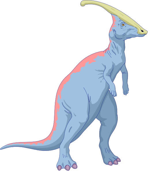 The image shows a cartoon of an anthropomorphic dinosaur with humanoid features standing upright on two legs, wearing what appears to be a red shirt under its skin-like body covering, holding up one arm as if waving and pointing at something in front of it while the other hand is resting by its side. The creature has large eyes that are looking directly ahead, small horns protruding from either side of its head above two ears, and a long tail with tufted ends hanging down behind it. It also features an elongated snout-like mouth area