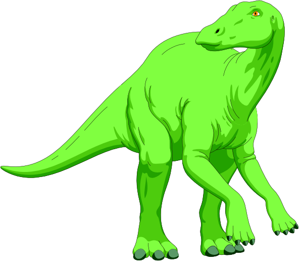 The image shows a green dinosaur standing on two legs with its arms outstretched against an empty background.