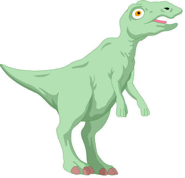 The image shows a cartoon of an animated green dinosaur standing upright on two legs with its mouth open as if roaring, set against a black background.