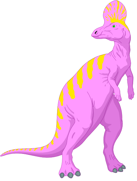 The image shows a purple dinosaur with yellow stripes on its back standing upright against a black background.