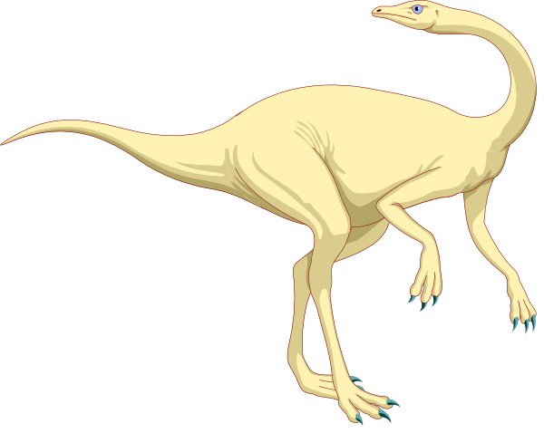 The image shows a cartoon of an orange dinosaur with blue nails on its feet standing upright against a black background.