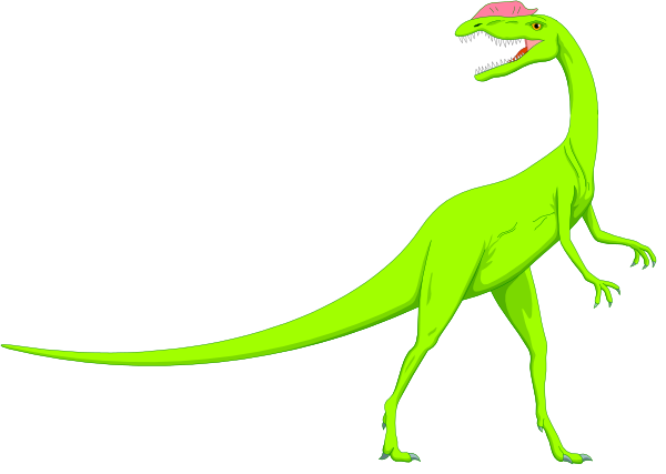 The image shows a cartoon of an animated green dinosaur standing upright on two legs with its mouth open as if roaring.