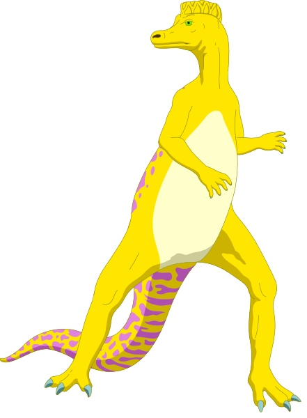 The image shows a cartoon of an anthropomorphic dinosaur with purple spots on its body standing upright like a human in front of what appears to be a black background.