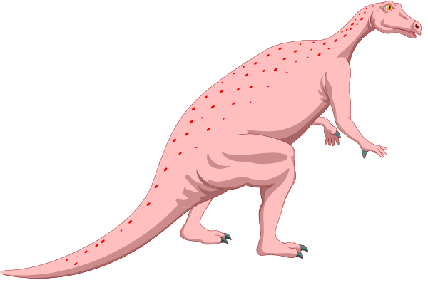 The image shows a cartoon of an anthropomorphic pink dinosaur with spots standing upright on two legs against a black background.