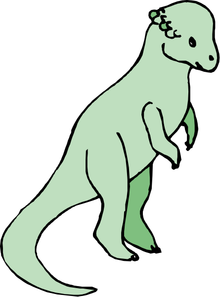 The image shows a cartoon of an anthropomorphic dinosaur standing upright on two legs with human-like posture against a black background.