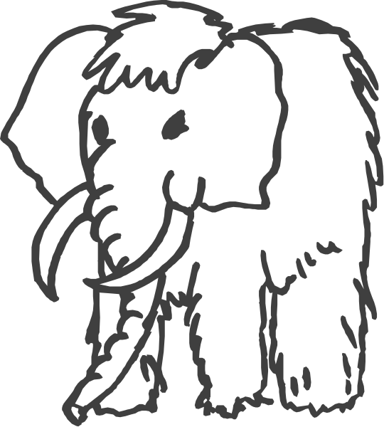 The black and white line drawing shows an elephant with tusks standing upright on two legs against a plain background.