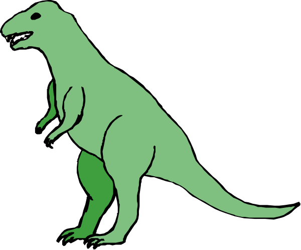 The image shows two cartoon dinosaurs standing side by side against a black background with white borders; on the left is an upright green T-Rex facing forward while on the right stands another smaller dinosaur, also in shades of gray and brown, looking to its left as if observing something.