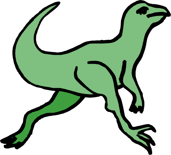 The image shows a stylized green dinosaur with an upright posture running on two legs against a black background.