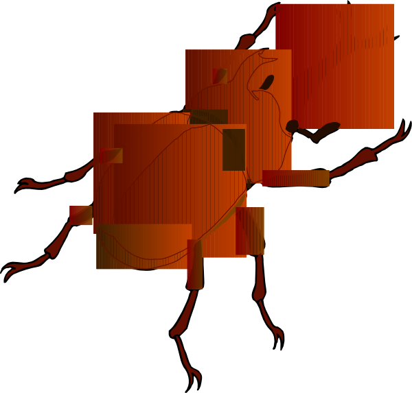 The image shows a red robot with two arms standing on its hind legs against an abstract background that includes geometric shapes like squares and rectangles in various sizes and orientations.
