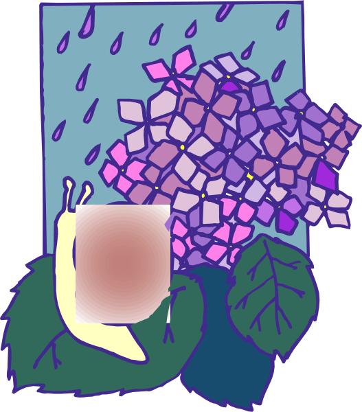 The illustration depicts a cartoon snail sitting on top of purple flowers under raindrops falling from an overcast sky with clouds in the background.