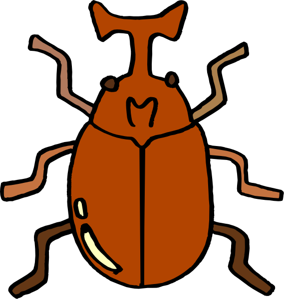 The image shows a cartoon of two beetles with different expressions: on top is an angry red ladybug facing left; below it is another smaller bug looking up at her from underneath in surprise or admiration, also colored orange and black but without antennae.
