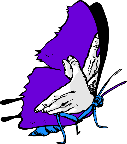 The image shows a purple butterfly with wings spread out on top of what appears to be an insect that resembles a grasshopper in blue coloring against a black background.
