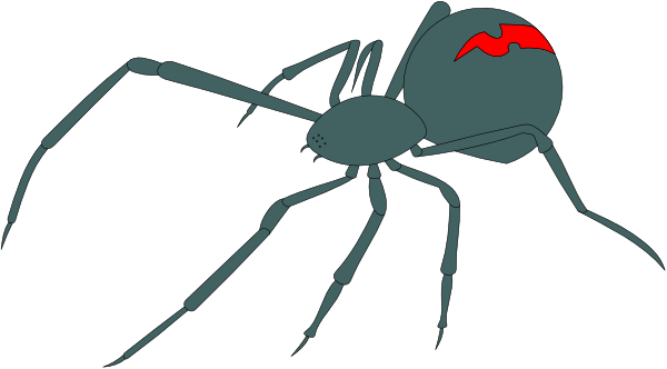The image shows a cartoon spider with red eyes on its head against a black background.