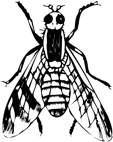 The black and white illustration features a bee with its mouth open wide against an indistinct background.