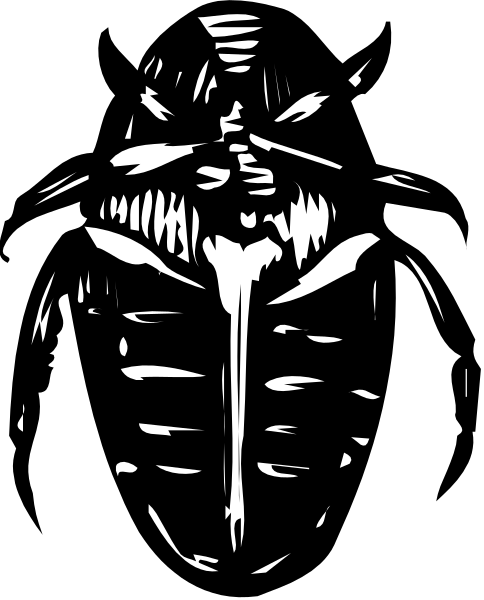 The black and white illustration shows a stylized humanoid figure with an insect's head on its torso; it has multiple arms extending from various parts of its body.