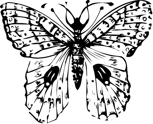 The black and white silhouette of a butterfly with musical notes on its wings is shown against an indistinct background in this clip-art image.