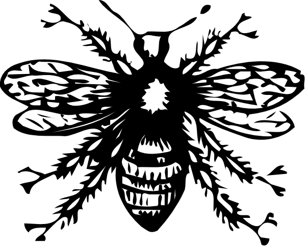 The black and white silhouette of a bee with an angry expression on its face is shown against a dark background in this clip-art image.