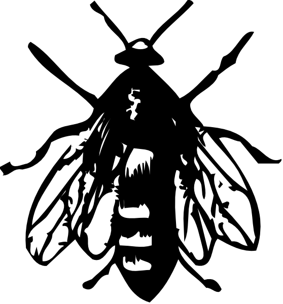 The black and white silhouette of a bee with its wings spread out against an unseen background.