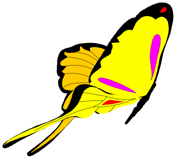 The image shows a stylized yellow fish with red fins swimming against a black background.