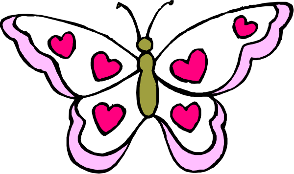 The image shows a butterfly with pink hearts on its wings against a black background.