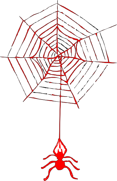 The black background features a red spider web with an orange spider at its center; there is also a small white figure of a person in distress being pulled into it by two strings from either side.