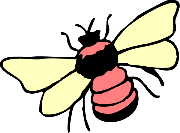 The image shows a stylized bee with red wings on its back against a black background.