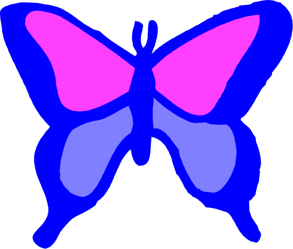 The image shows a stylized blue butterfly with pink accents on its wings against a white background.