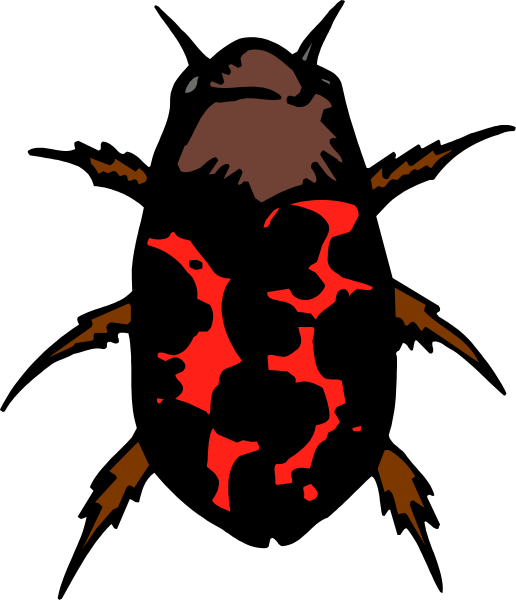 The image shows a stylized graphic of an insect with red spots on its body against a dark background; it has antennae that appear to be lightning bolts in white coloring.