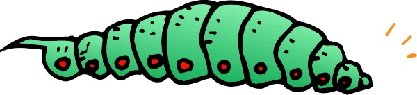 The image shows a cartoon caterpillar with red eyes on its back crawling across what appears to be gray ground in an outdoor environment.
