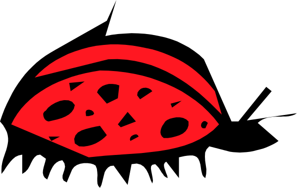 The image shows a red eye with an iris pattern on it next to what appears to be two slices of pizza in black silhouette against a dark background.