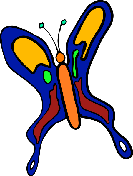 The image shows a stylized butterfly with colorful wings that resemble an abstract painting of flowers on its body; it is depicted in profile against a dark background.