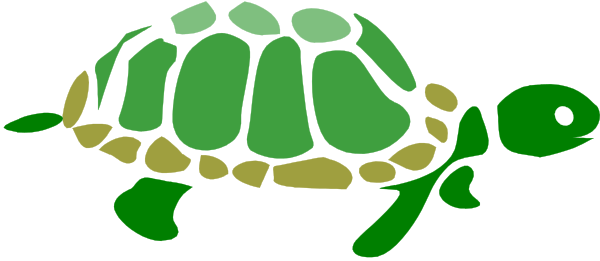 The image shows a cartoon turtle with an open shell swimming underwater next to seaweed.