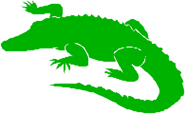 The image shows a green alligator with its mouth open against an unseen background.
