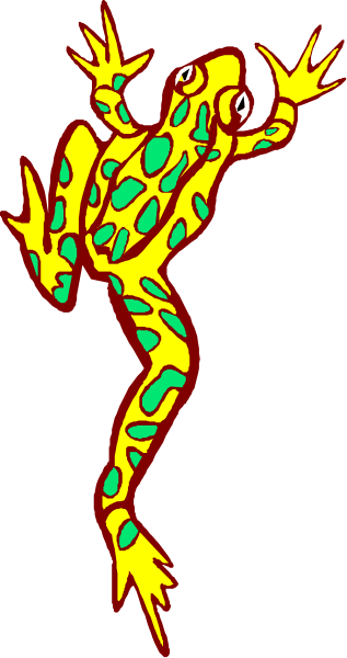The image features a cartoon frog with green spots on its body standing upright against an orange background.