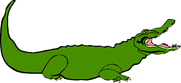 The image shows a cartoon alligator with an open mouth running on what appears to be land next to water.