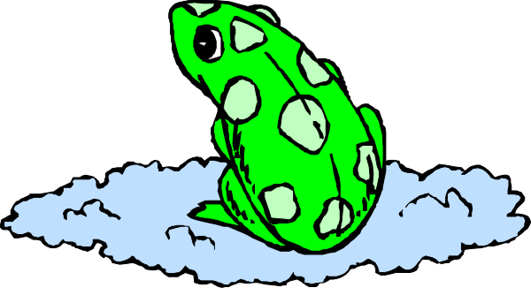 The cartoon shows a green frog with white spots sitting on top of water lilies floating downstream during nighttime in an outdoor scene.