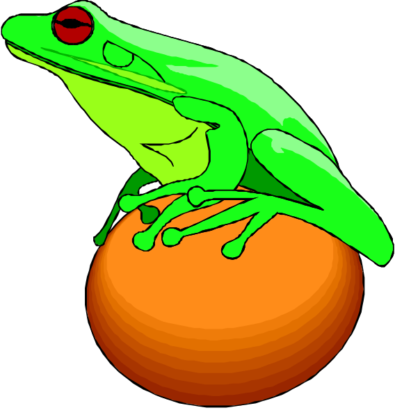 The image shows a cartoon depiction of two frogs sitting on top of an orange ball with their legs hanging down; one is green while the other has red eyes.