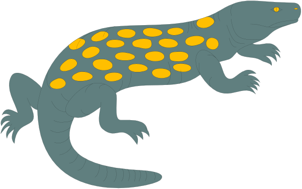 The illustration shows a blue lizard with yellow spots on its back swimming next to an alligator underwater.
