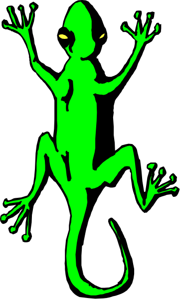 The image shows a green lizard with glowing eyes standing on its hind legs against a black background.