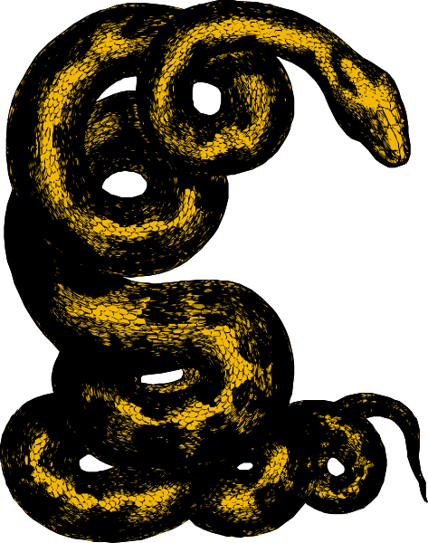 The image shows a black snake with yellow markings on its body coiled around itself against a dark background.