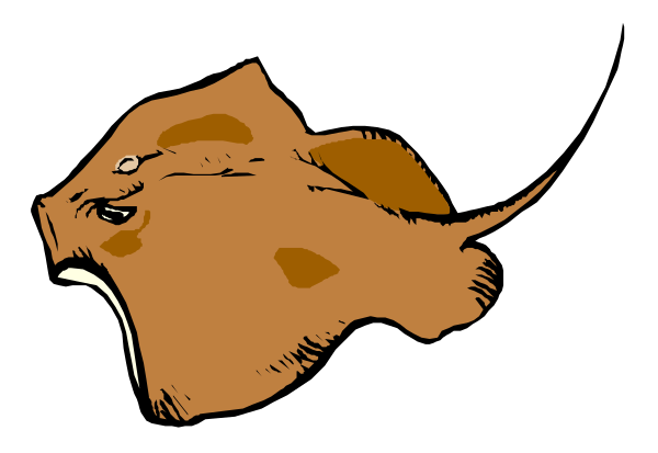 The image shows a cartoon of an orange fish with its mouth open against a black background.