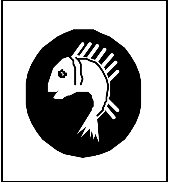 The black and white logo features a fish symbol on top of another circle with an arrow pointing downward to it from above left corner.