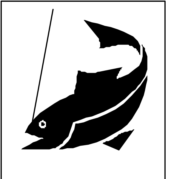 The black and white silhouette of a fish with an open mouth next to what appears to be fishing gear on land.