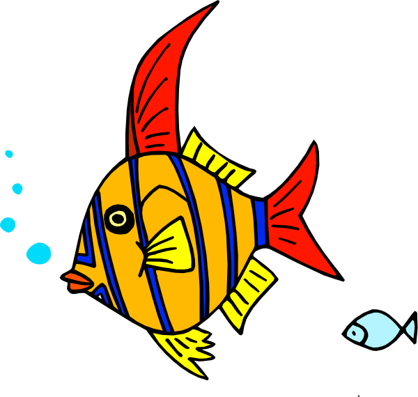 The image shows a colorful cartoon fish with red fins swimming next to blue bubbles that resemble air tanks on scuba divers' backs.