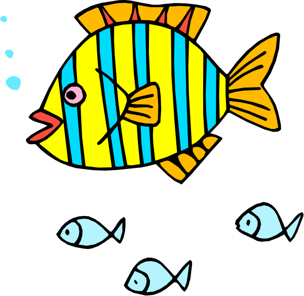 The image shows a cartoon of an orange fish with yellow fins swimming above three blue fishes that appear to be smaller in size.